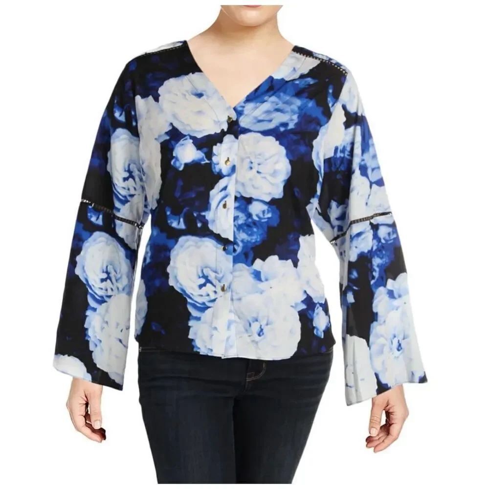 Calvin Klein Blue Floral Button Up Top NWT Blouse Women’s Size 2XL